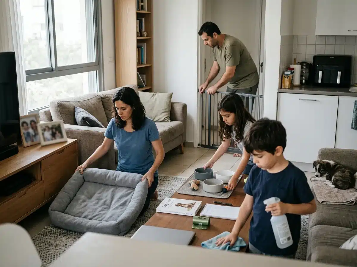 בעלים מכינים סלון לגור עם מיטה שער וקערות כדי להתאים גור לשגרה המשפחתית