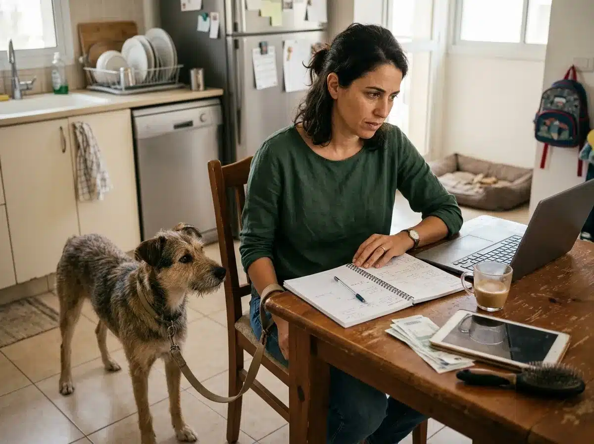 אישה בודקת לוח זמנים בבית לצד כלב מעורב רגוע כחלק מבדיקת התאמה לפני אימוץ כלב