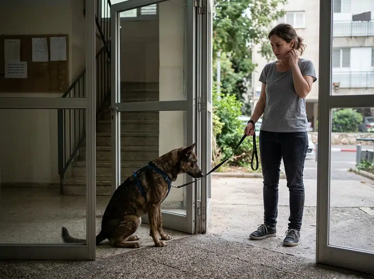 כלב נעצר בכניסה לבניין ובעלים מחזיק רצועה קצרה כחלק מהבנת התנהגות כלבים בחוץ
