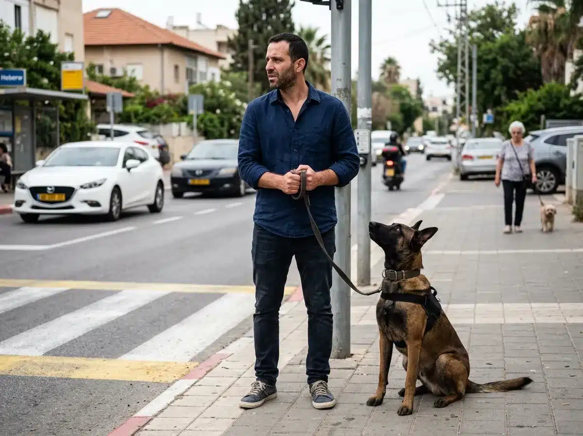 בעלים מביט בחשש מעבר לכביש ומחזיק רצועה בחוזקה כדי להמחיש טיול עם כלב במתח