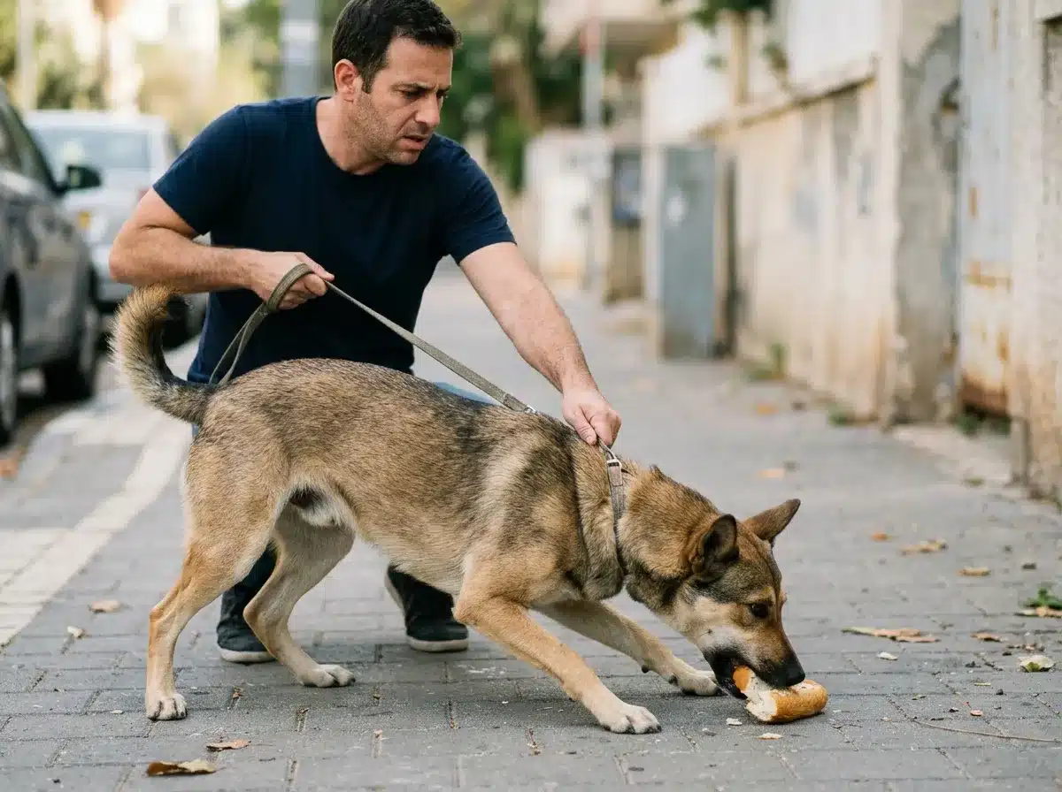 בעלים מושך ברצועה בזמן שכלב ממהר לבלוע שארית מזון מצב המצריך תרגול עזוב נכון