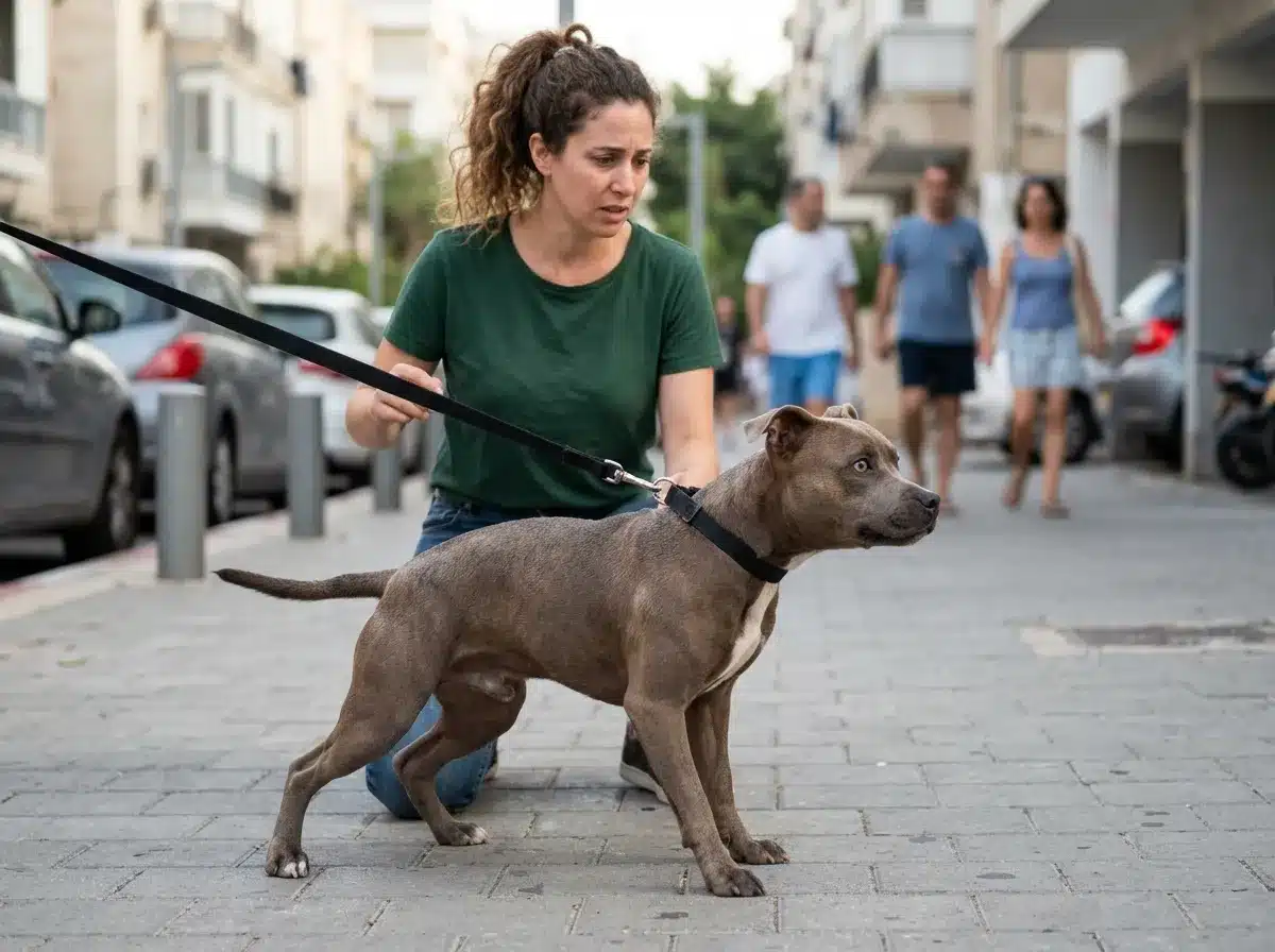 כלב דרוך עם גוף קדימה ורצועה מתוחה מול גירוי ברחוב כחלק מהבנת למה כלב בורח בטיול