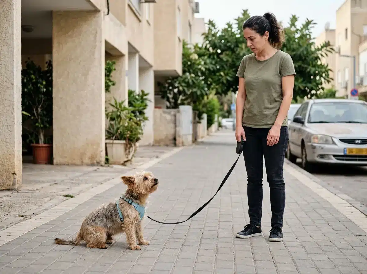 כלב קטן קופא על מדרכה בזמן טיול לצד בעלים מודאג מצב המצריך הבנת כלב חסר ביטחון