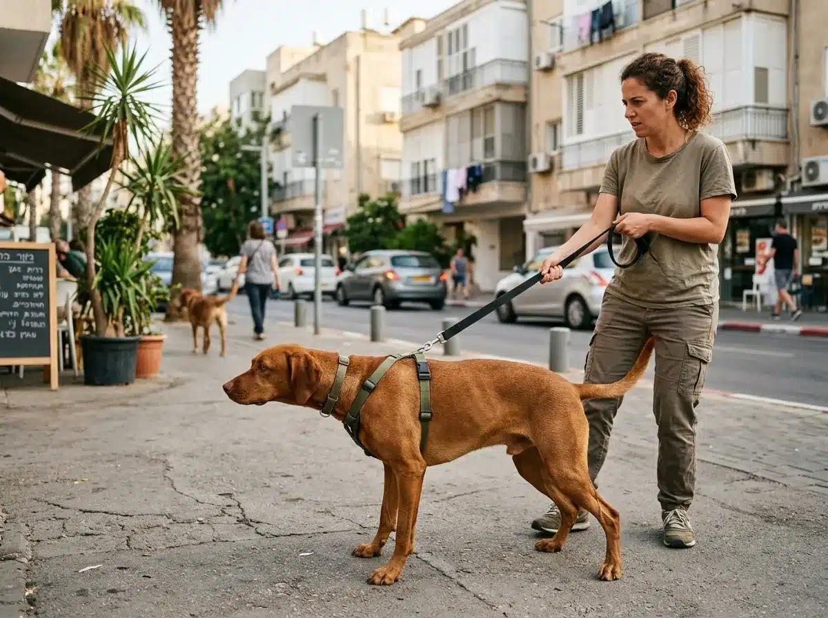 כלב עם רצועה מתוחה מתמקד בכלב אחר ברחוב מצב המצריך הבנה למה הכלב לא מקשיב מול גירויים