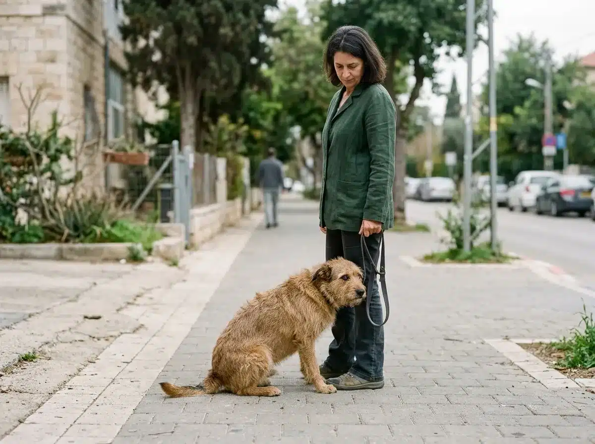 כלב בינוני צמוד לרגלי הבעלים ברחוב שקט במצב המצריך הבנת כלב מפחד בחוץ
