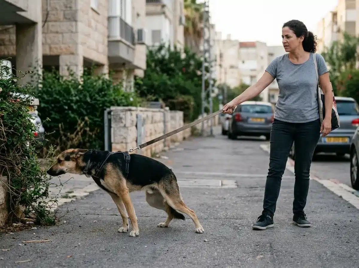 בעלים מושך רצועה מתוחה מול כלב שנרתע לאחור כדי להמחיש מה לא לעשות עם כלב מפחד