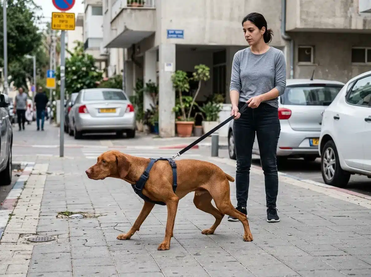 כלב עם רצועה מתוחה קופא על מדרכה מול גירוי ברחוב כדי להמחיש פחד אצל כלבים בחוץ