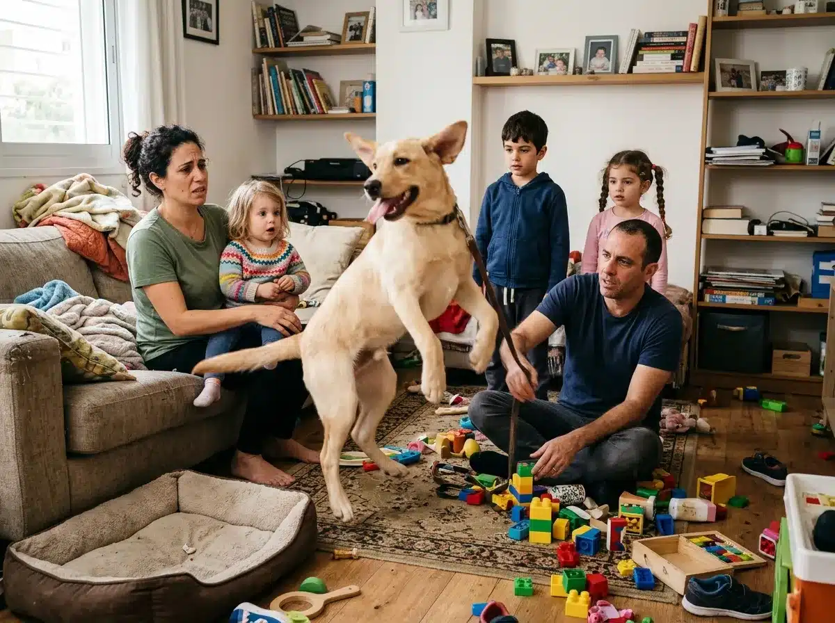 כלב צעיר קופץ בסלון בזמן שהורים עייפים וילדים ברקע מצב המצריך התאמת כלב משפחתי לשגרה