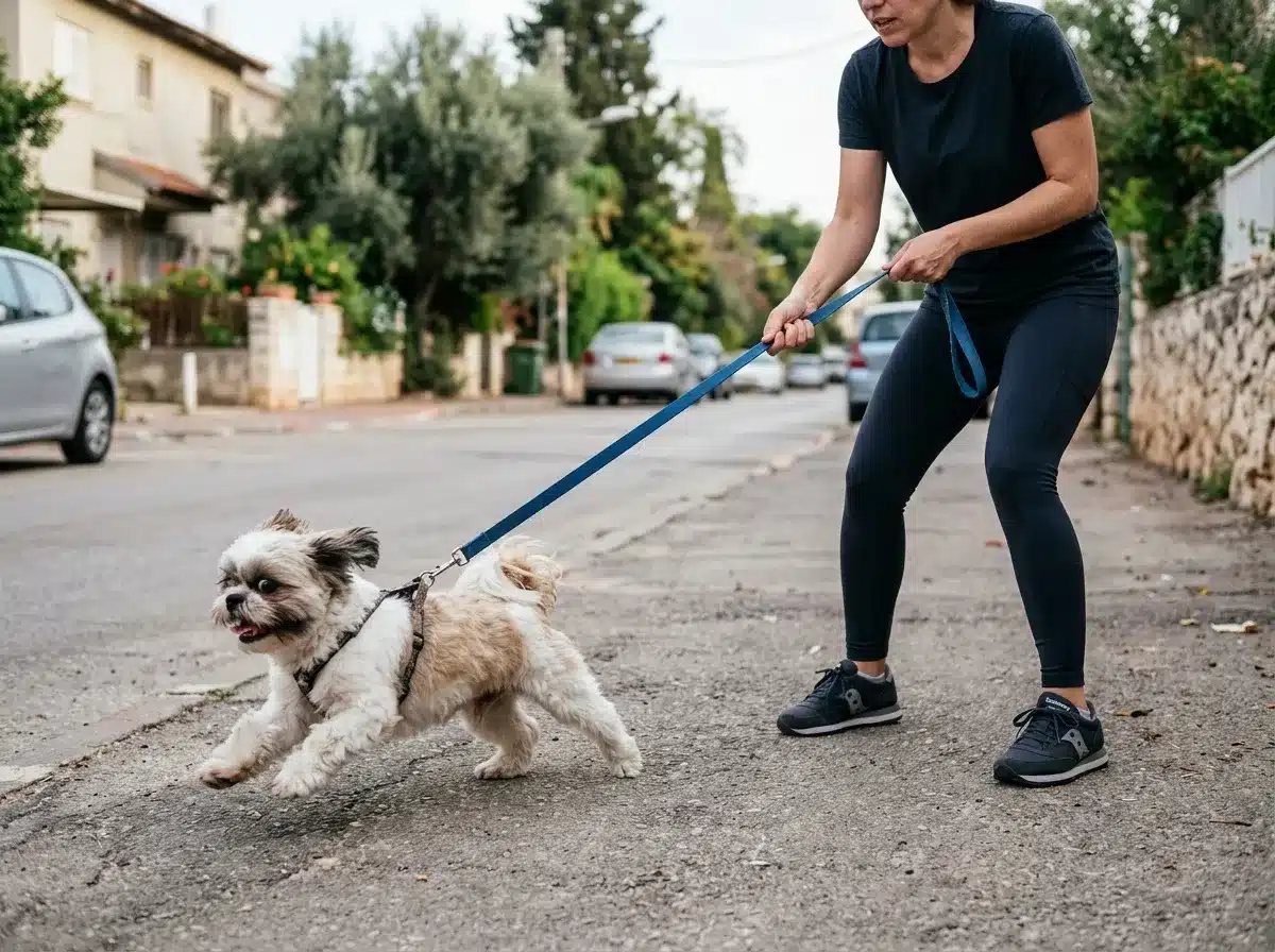 כלב מעורב נע מצד לצד עם רצועה מתוחה ברחוב שקט כחלק מ-חוסר שליטה בטיול עם כלב