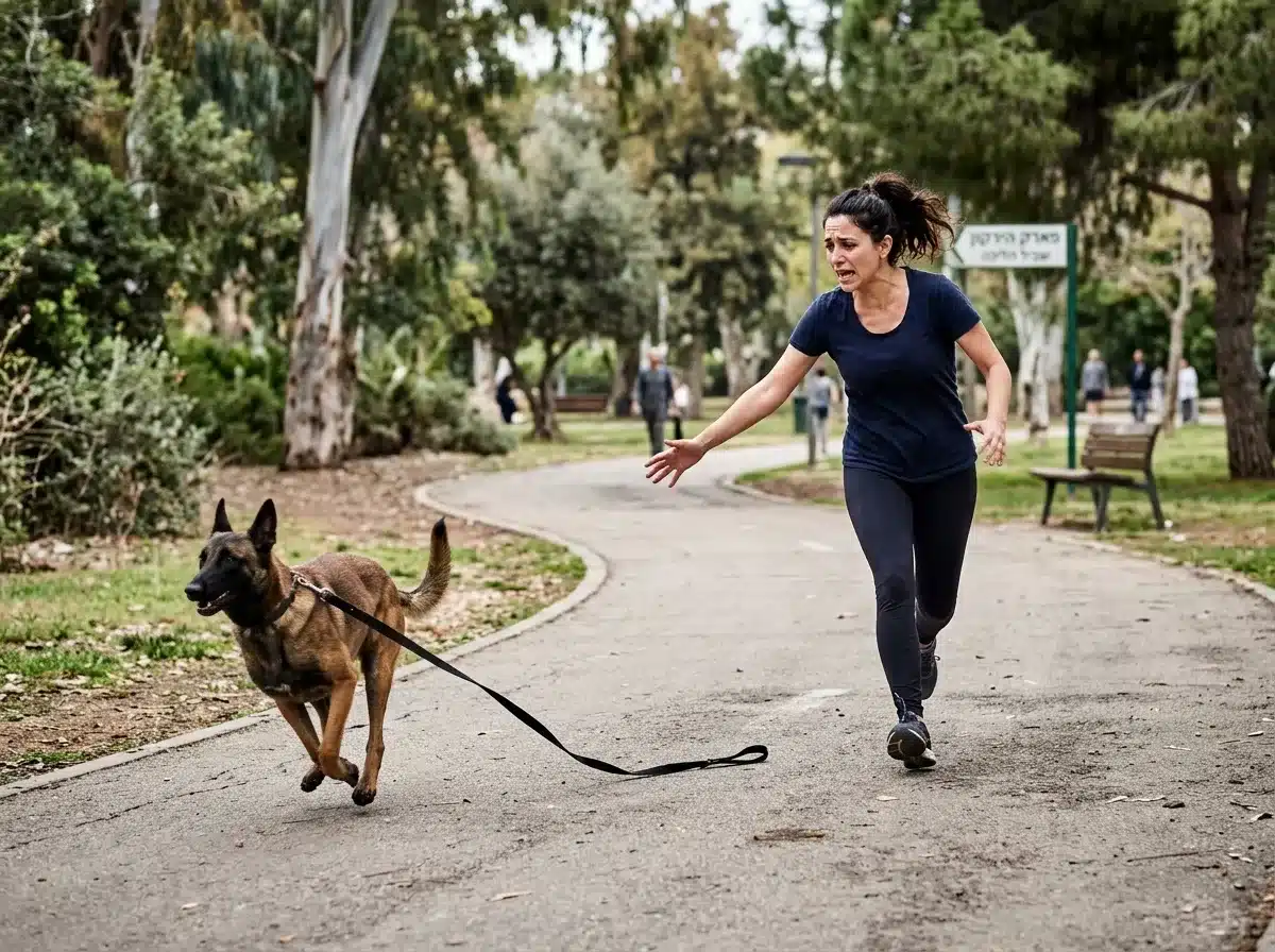 בעלים רודף בלחץ אחרי כלב שרץ קדימה בפארק מצב המצריך מניעת כלב משתחרר מהרצועה