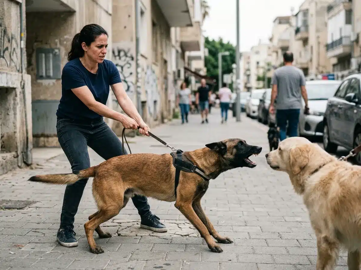 בעלים מושך חזק רצועה בזמן שהכלב מזנק קדימה כדי להמחיש טעות נפוצה עם כלב מתנפל על כלבים