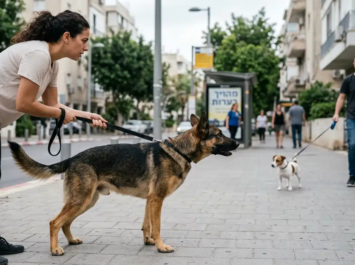 כלב נעוץ במבט עם גוף קשיח לפני מפגש ברחוב חלק מ-סימנים מוקדמים לכלב נובח על כלבים