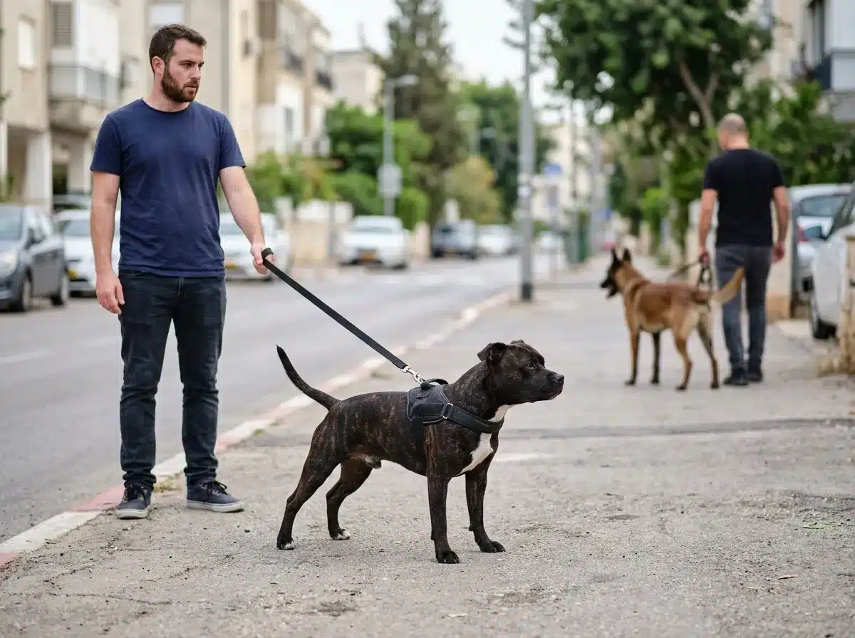 כלב על רצועה קופא ברחוב מול כלב אחר במרחק קצר מצב המצריך להבין מתי כלב עומד לתקוף