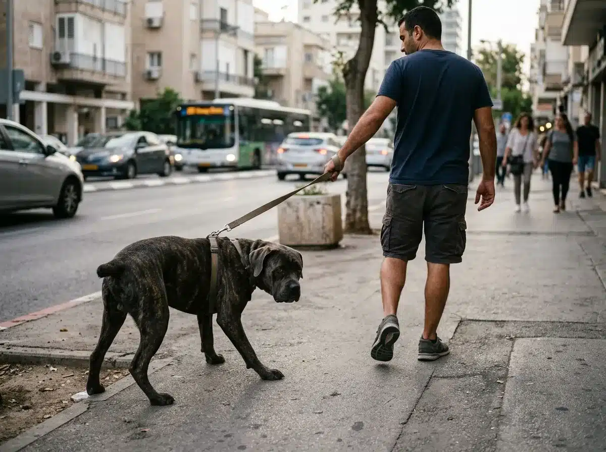 כלב על רצועה נעצר על המדרכה כשהבעלים נמשך קדימה כדי להמחיש כלב קופא בטיול