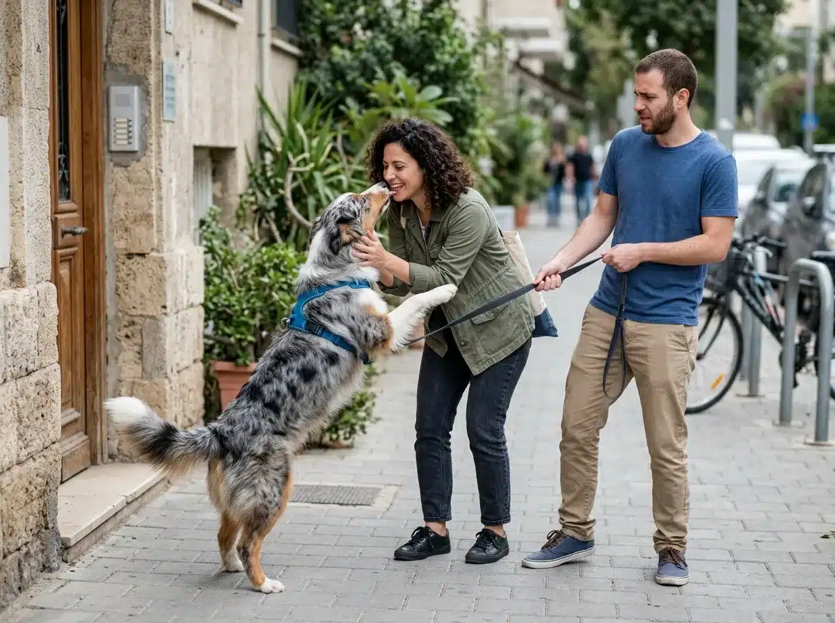 כלב קופץ על אישה שמושיטה יד לליטוף ליד בעלים נבוך מצב המצריך מניעת קפיצות בטיול