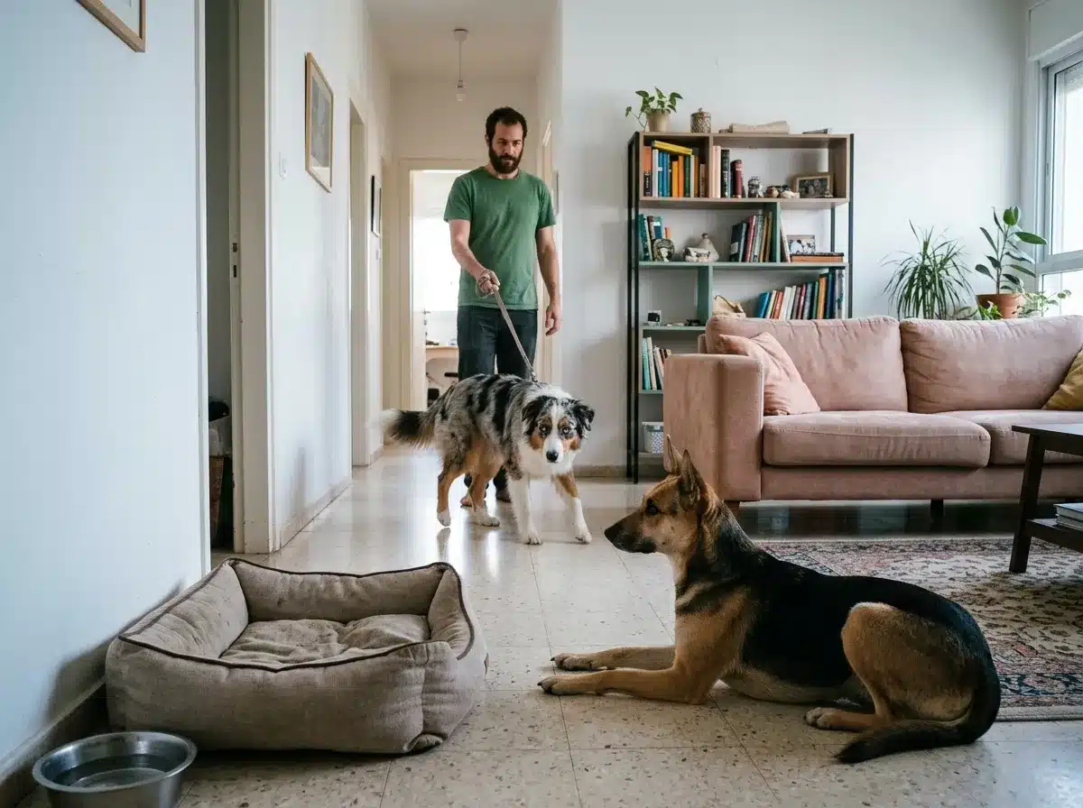 כלב ותיק שוכב ליד מיטה וכלב חדש נכנס עם בעלים לסלון חלק מתהליך כלב שני במשפחה