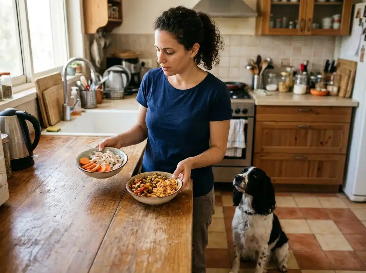בעלים מחזיק שתי קערות מזון שונות מול כלב מתבונן כדי להבין נכון רשימת מאכלים שמותר לכלב לאכול