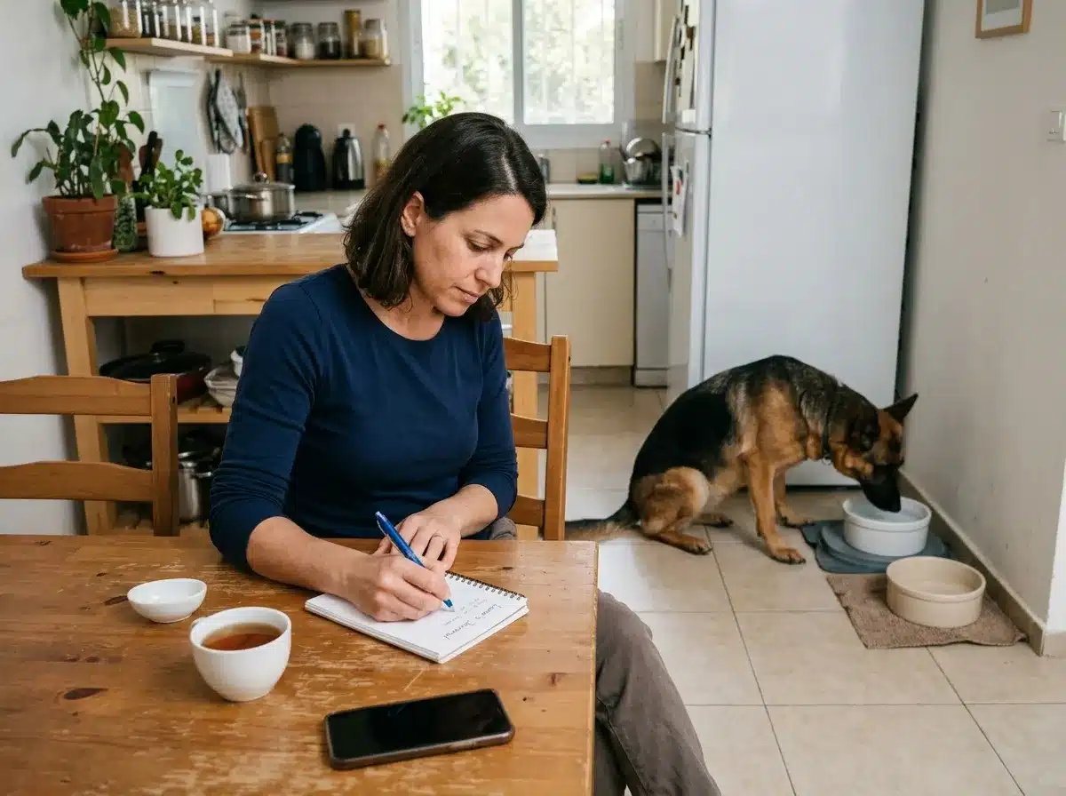 בעלת כלב רושמת הערות ליד קערת מים וכלב מביט בה כדי לנהל מעקב בריאות לכלב