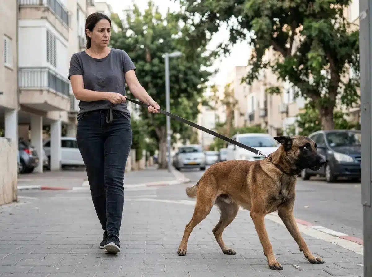 בעלים מושך ברצועה וכלב נסוג לאחור מול גירוי ברחוב מצב המצריך הבנת פחד אצל כלבים