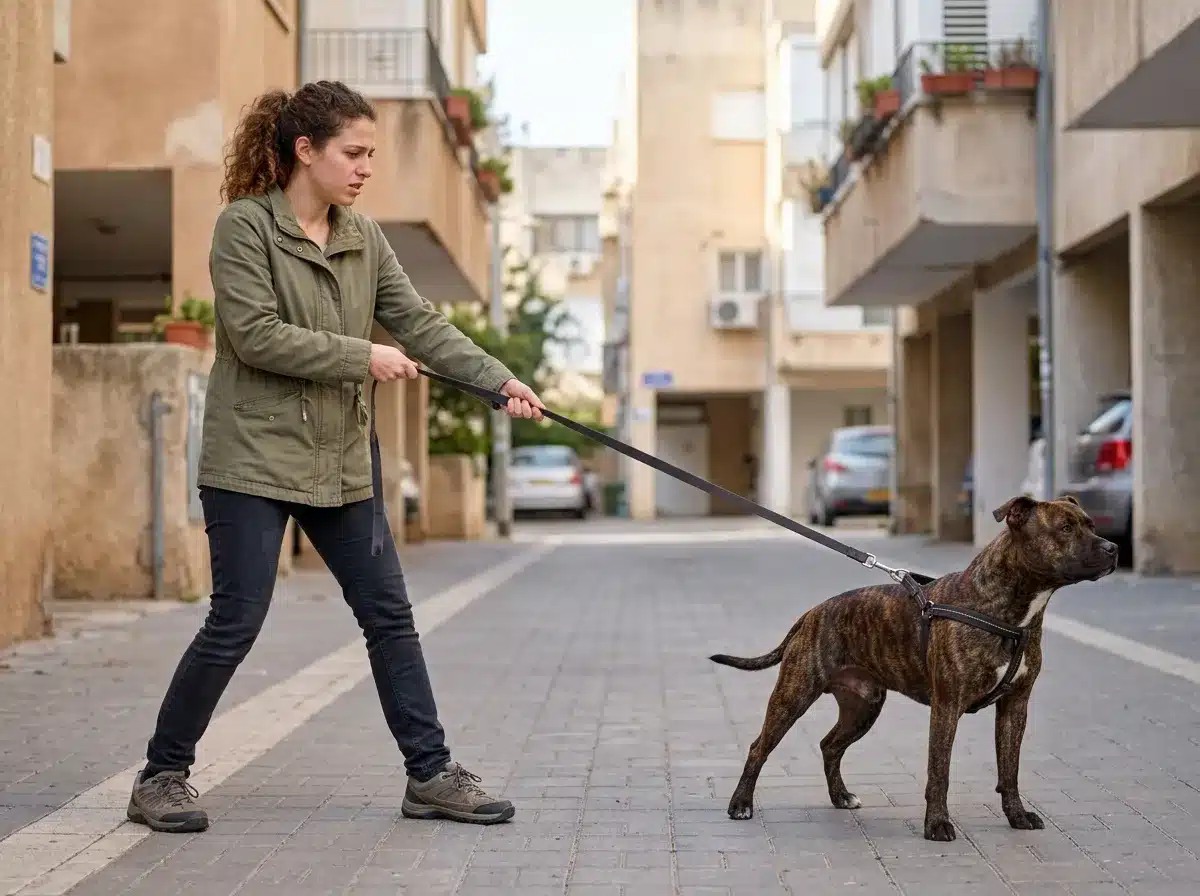 בעל כלב עוצר בטיול עם רצועה מתוחה מול גירוי בחוץ מצב המצריך בחירת קורס אילוף כלבים בזהירות