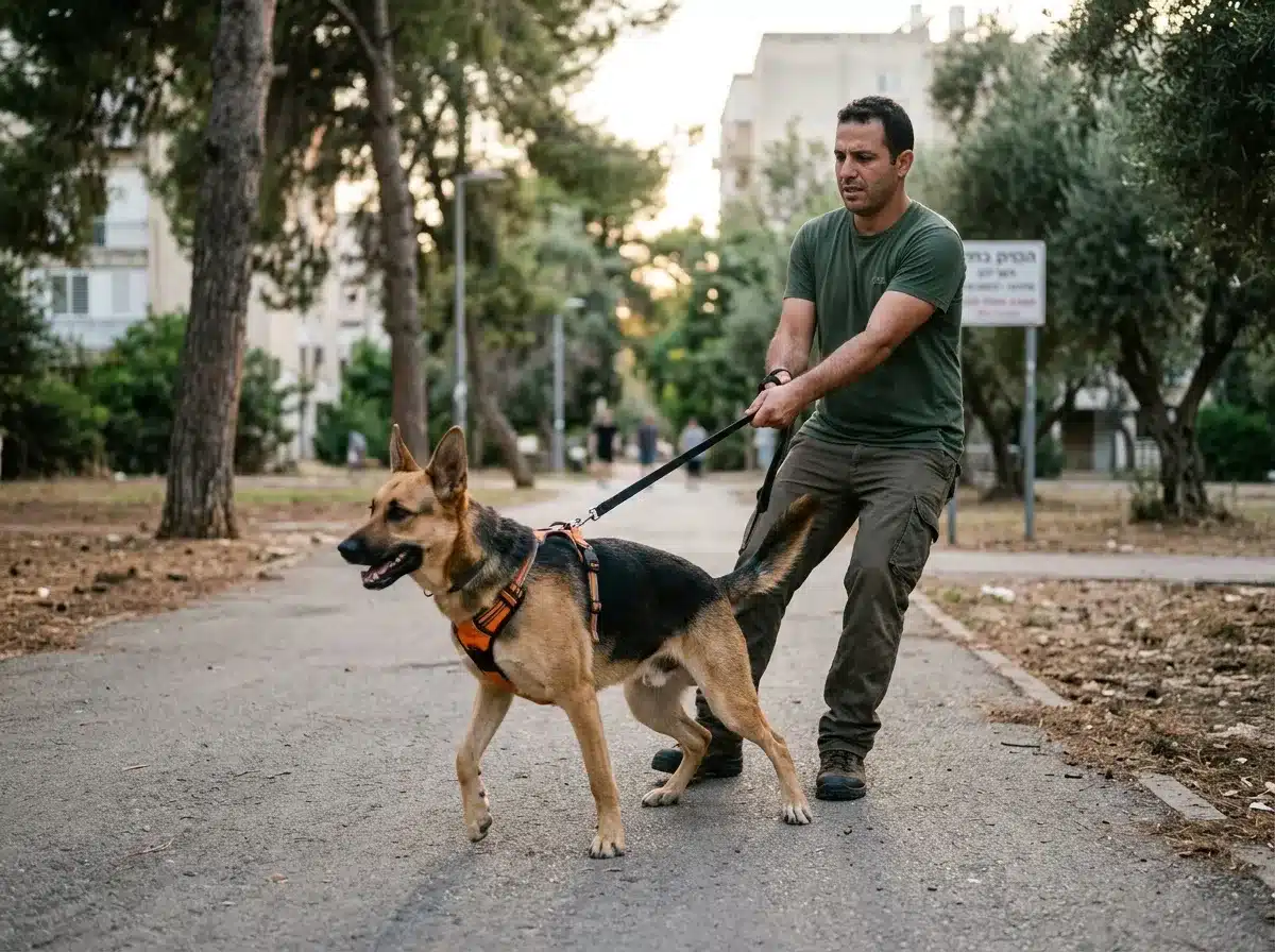 בעלים נמשך קדימה עם רצועה מתוחה בפארק המדגיש את שאלות לפני אימוץ כלב על רמת אנרגיה
