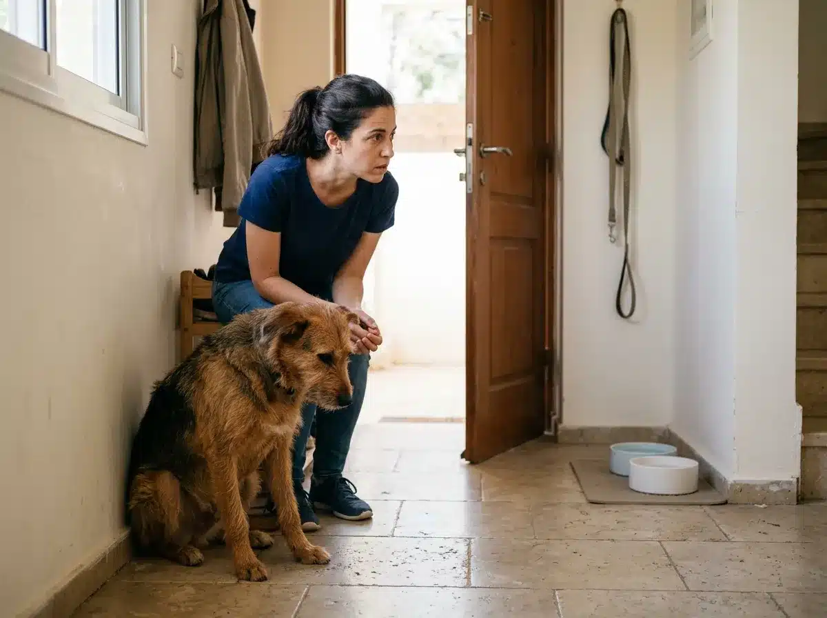 כלב יושב ליד דלת הבית ובעליו בוחן אותו בדריכות כחלק מזיהוי סימנים של כלב משלשל