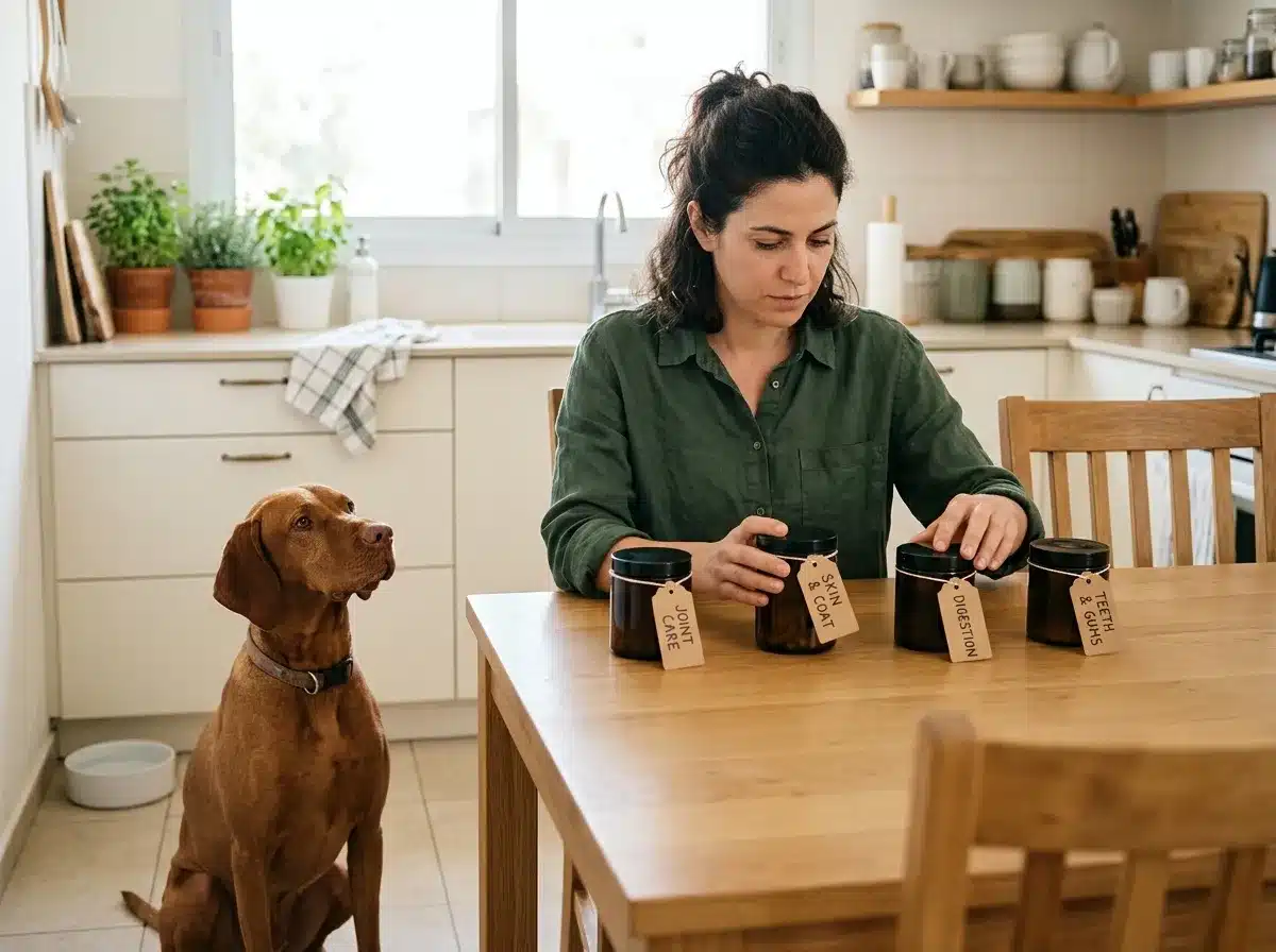 בעלת כלב מצביעה על ארבעה מוצרים כלליים ליד כלב רגוע כחלק מהבנת תוספי בריאות לכלב לפי צורך