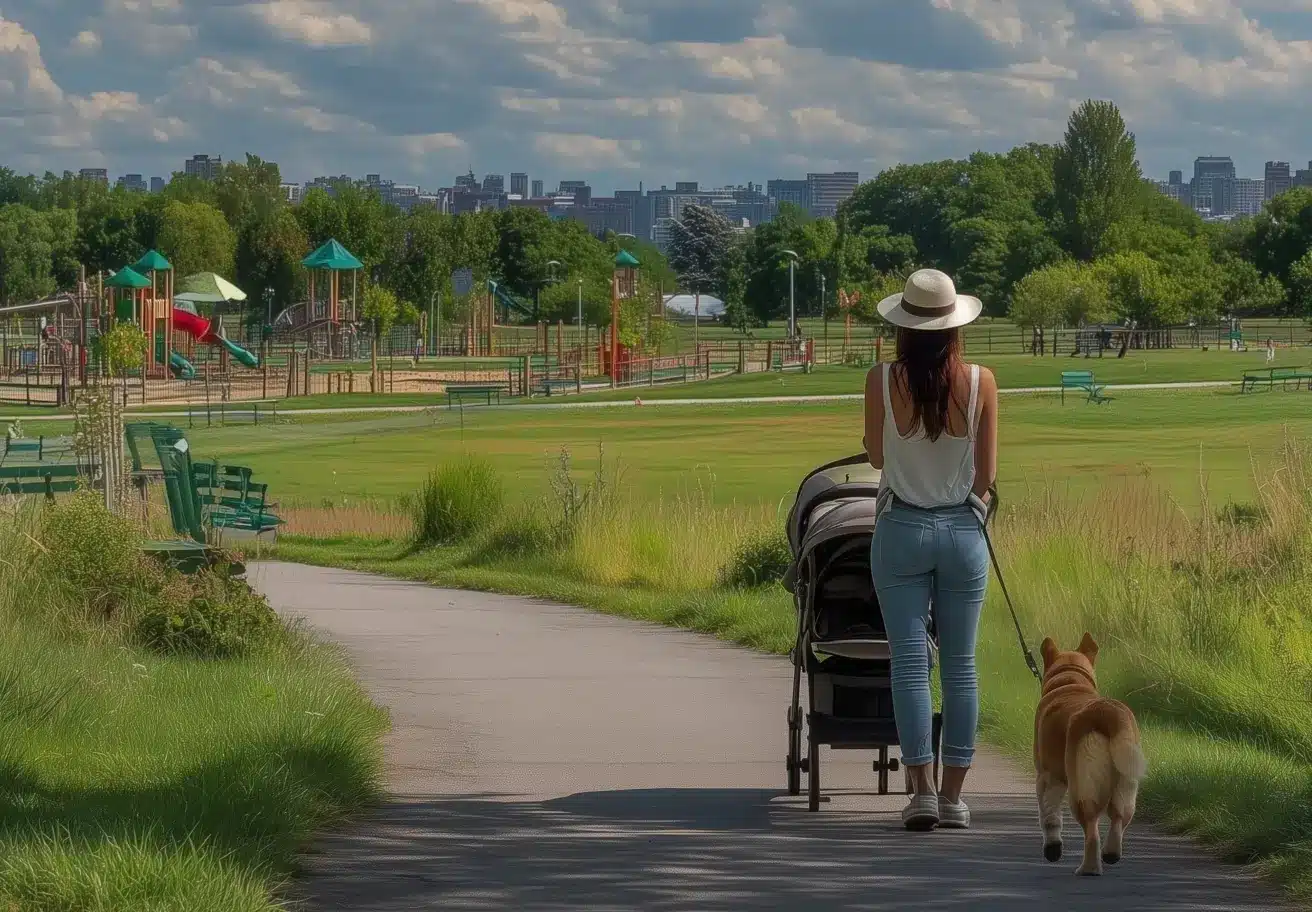 אישה הולכת עם עגלה וכלב בפארק_ קורס אילוף אונליין