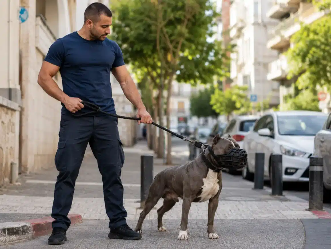 אדם מחזיק כלב פיטבול עם זמם ברחוב, סיטואציה המדגישה את הצורך בהפעלת ביטוח לכלבים מסוכנים.