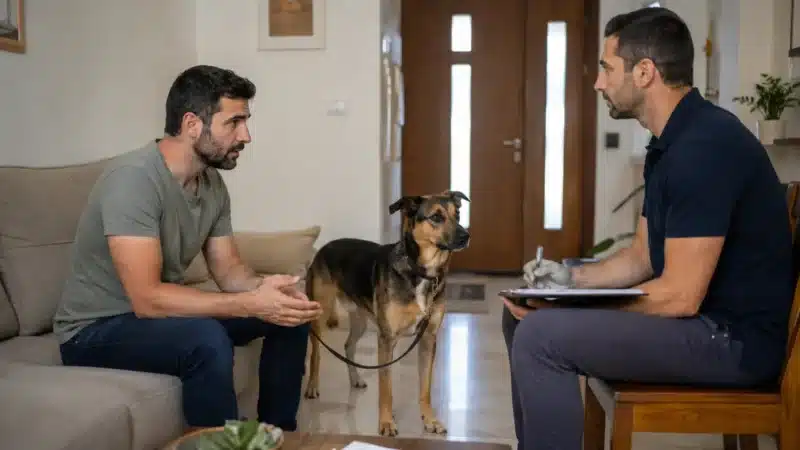 בעלת כלב יושבת מול מאלף עם כלב דרוך ביניהם המדגיש את איך לבחור מאלף כלבים נכון