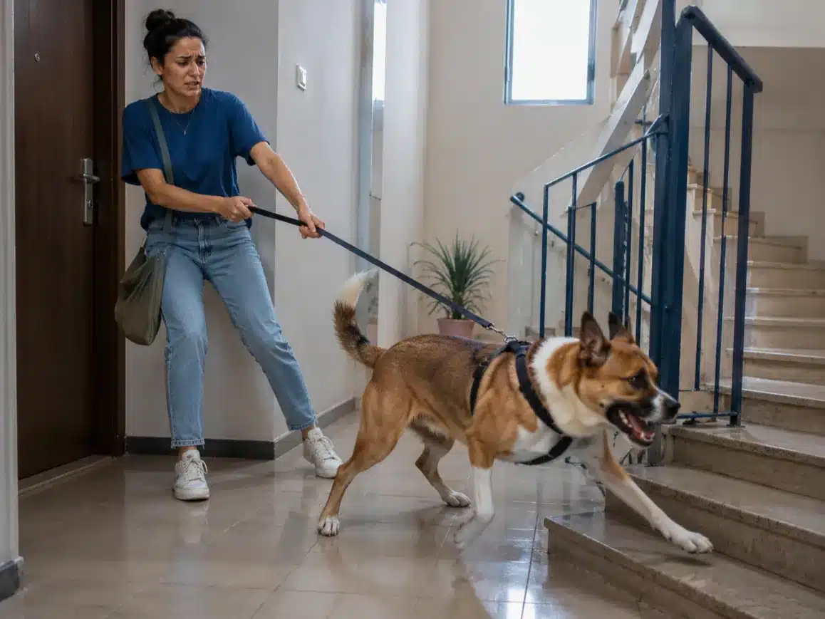 בעלים מחזיק רצועה מתוחה וכלב מושך במסדרון הבניין כדי להמחיש אילוף בבית