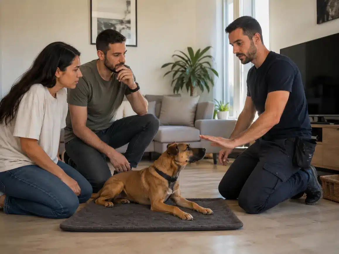 מאלף מסביר לבעלים תרגול עם כלב בסלון כדי אילוף בבית הלקוח