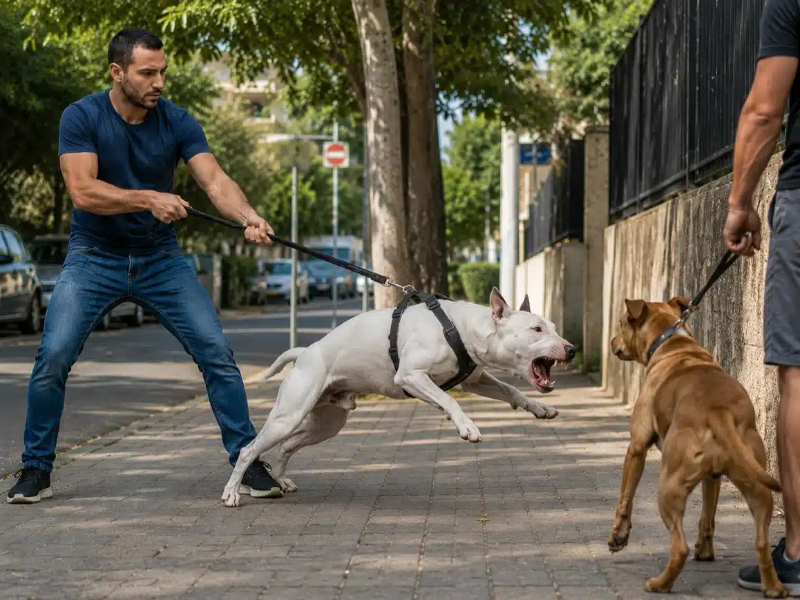 בול טרייר לבן תוקפני מנסה להסתער על כלב אחר, אירוע המצריך ביטוח צד ג' לכלב מסוכן.