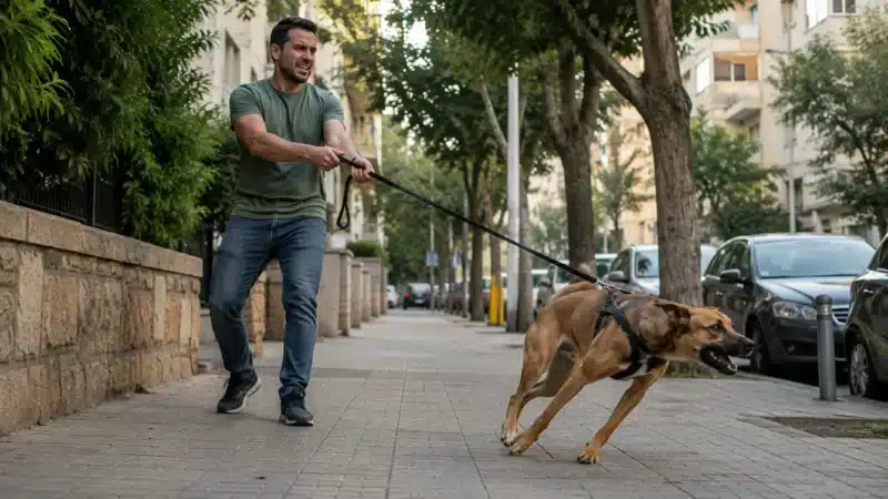 בעלים נמשך קדימה בידי כלב עם רצועה מתוחה על מדרכה עירונית המדגיש את הליכה נכונה עם רצועה