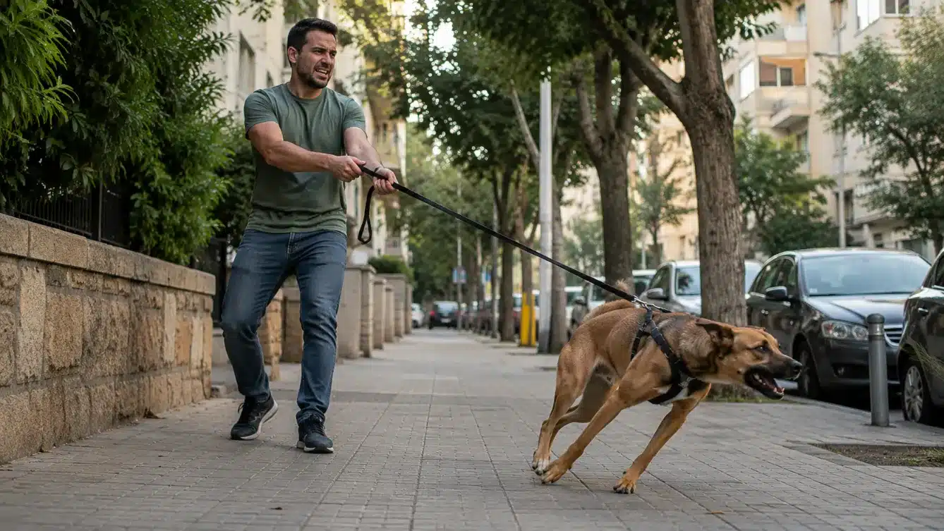 בעלים נמשך קדימה בידי כלב עם רצועה מתוחה על מדרכה עירונית המדגיש את הליכה נכונה עם רצועה