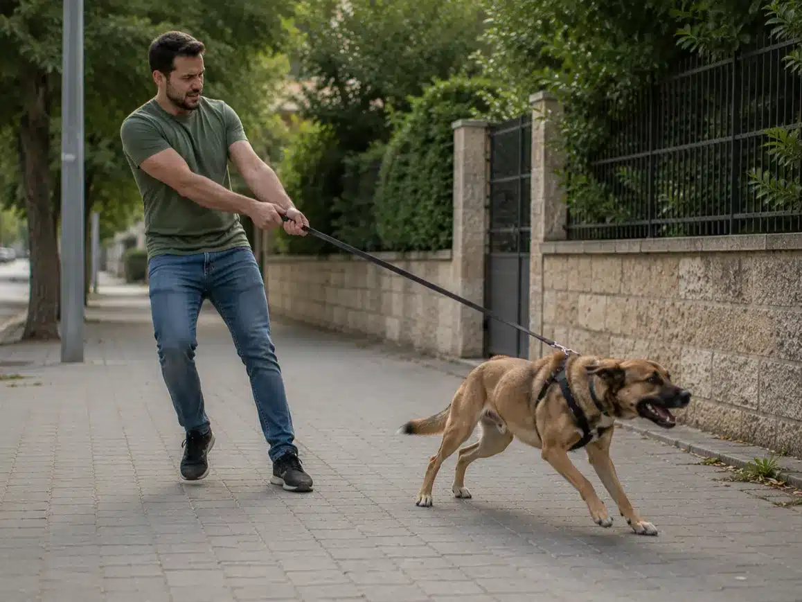בעלים אוחז חזק ברצועה בזמן שכלב מושך קדימה ברחוב המדגיש את ללכת יפה עם רצועה