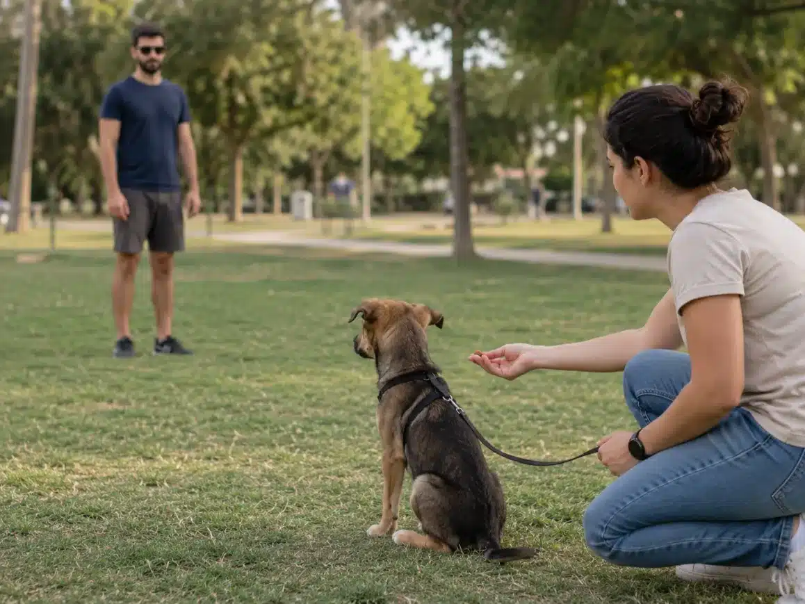 גור מביט באדם זר ממרחק תוך לקיחת חטיף מהבעלים כדי להמחיש חשיפה הדרגתית לגור