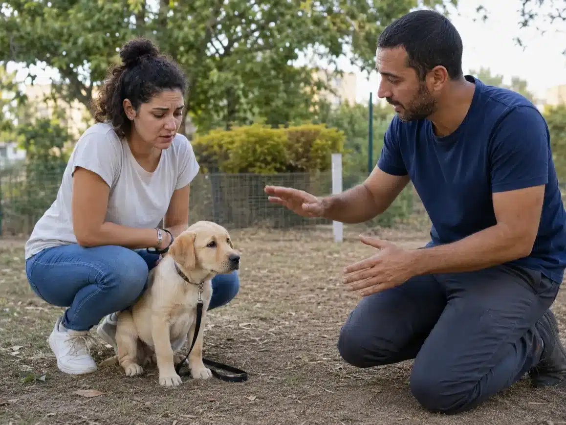 בעלים יושב עם גור מהסס ומקבל הדרכה ממאלף כדי לתמוך בחשיפה חיובית לגור