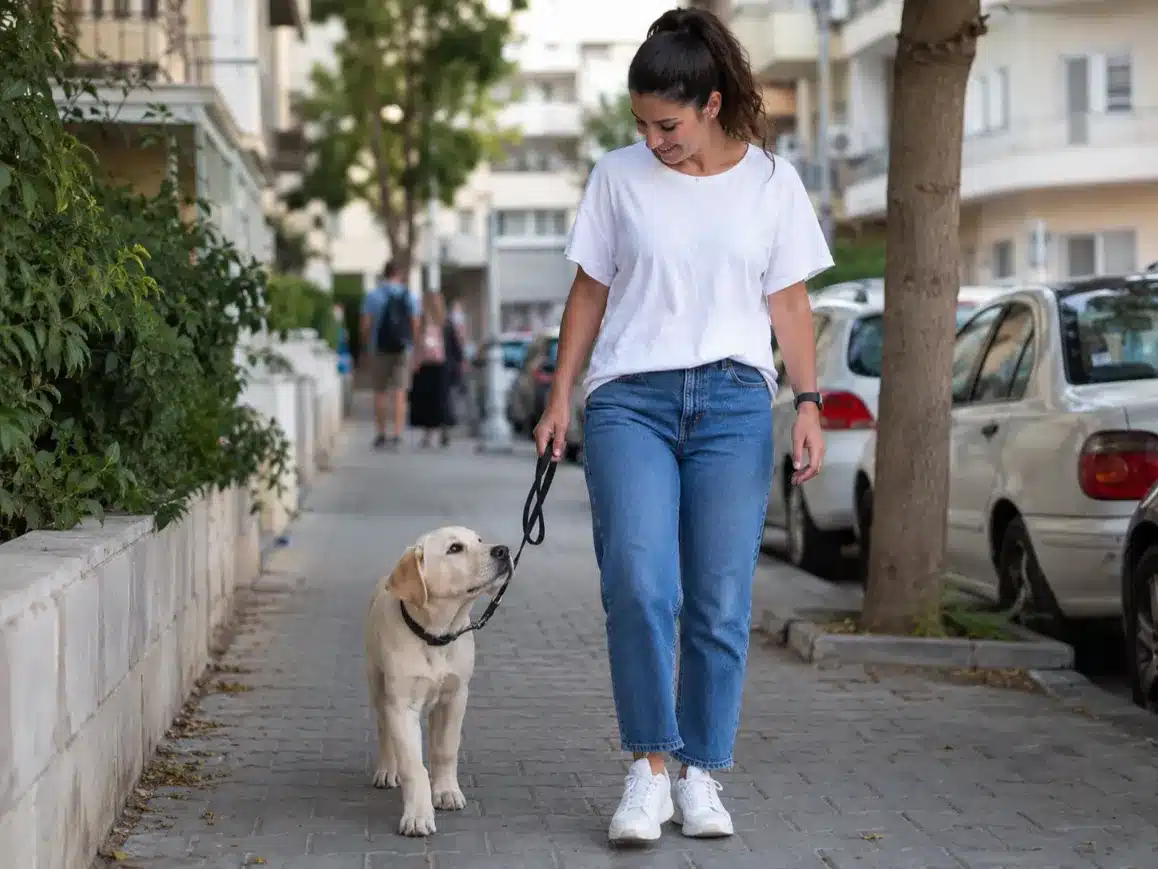 גור הולך ברצועה רפויה לצד בעלים ברחוב שקט המראה חשיפה לגירויים לגורים
