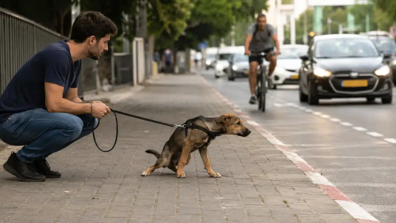 גור צעיר נסוג לאחור מול רחוב רועש ובעלים עוצר ברצועה המדגיש את חשיפה נכונה לגורים