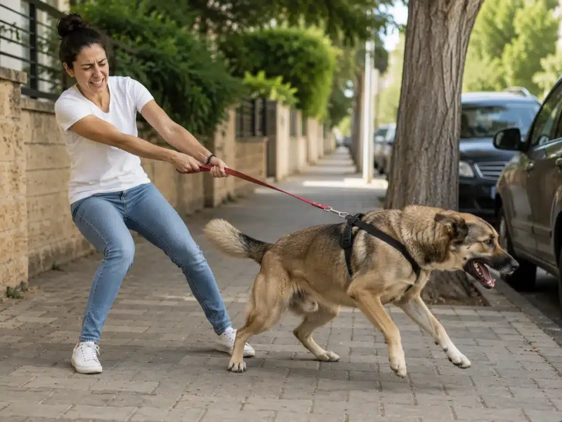 רצועה מתוחה בטיול עם כלב בוגר שמושך קדימה מצב המצריך הבנת משך אילוף כלבים