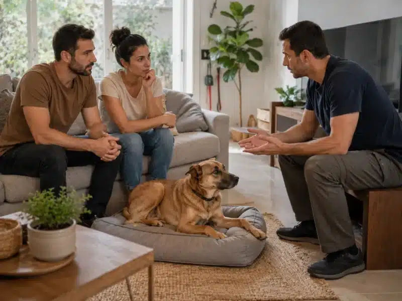 מאלף יושב בבית מול בעלים וכלב רגוע חלק מ-פגישת אבחון לכלב עם מאלף מקצועי