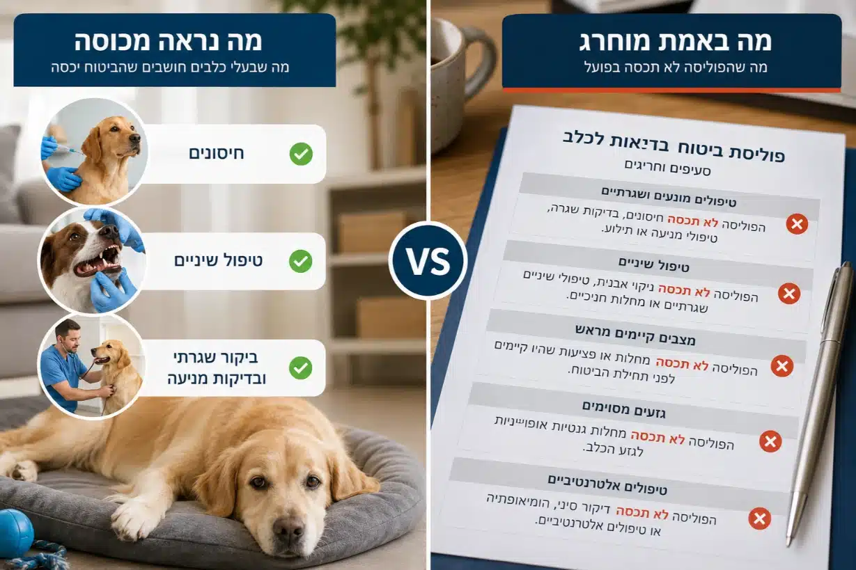 אינפוגרפיקה המציגה את ההבדל בין ציפיות הבעלים למציאות בפוליסה: כיסוי למקרי חירום רפואיים לעומת החרגות על חיסונים, טיפולי שיניים ובעיות גנטיות