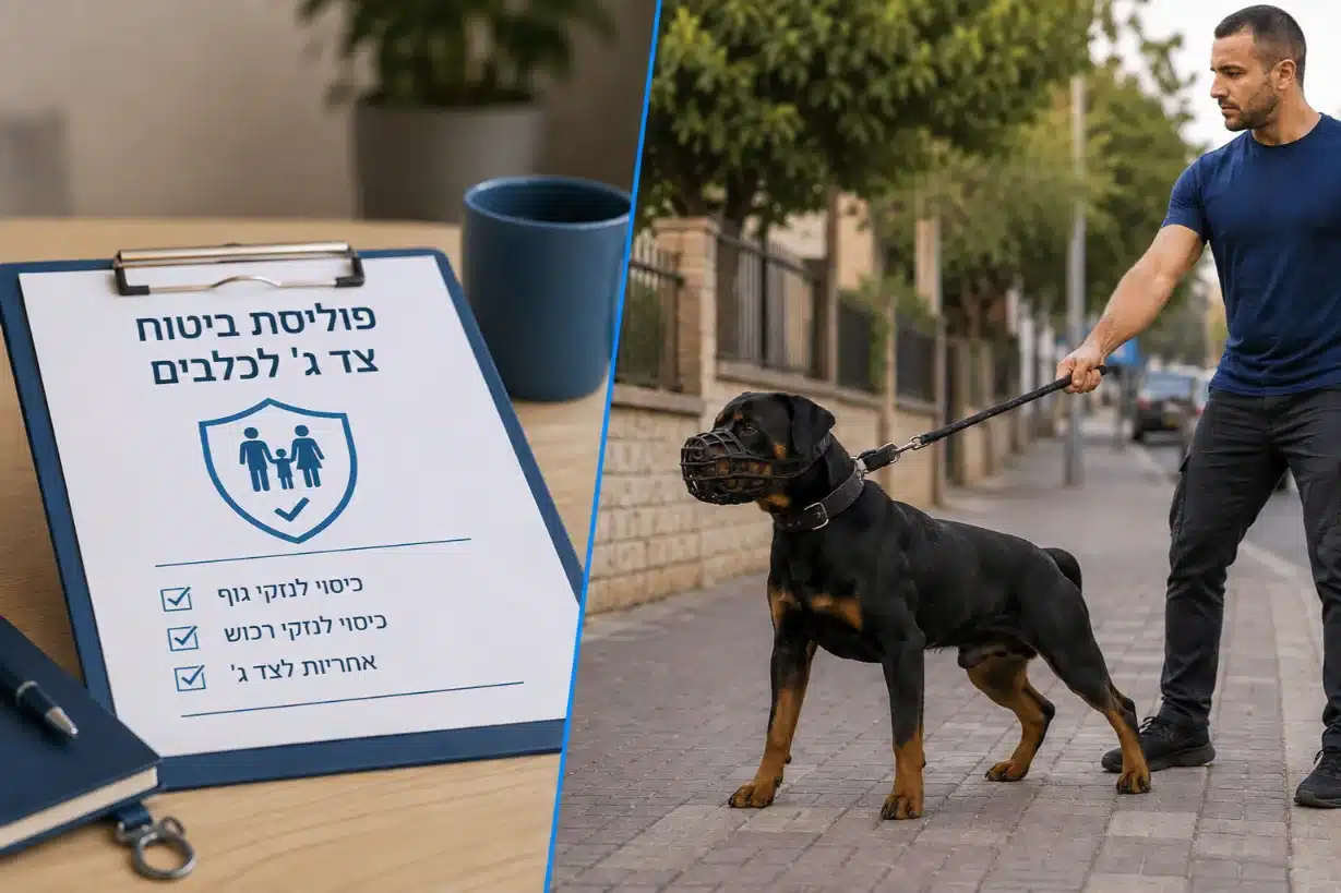 מסמך ביטוח צד ג' לצד אדם המוליך רוטווילר עם מחסום פה, המחיש הרחבת ביטוח חיות מחמד לגזע מוגדר.