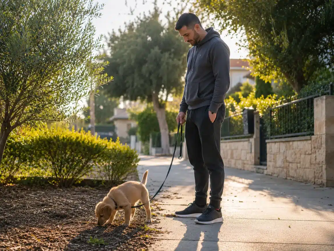 בעלים עומד עם גור קטן בחוץ אחרי התעוררות כדי לבנות הרגלי צרכים לגור