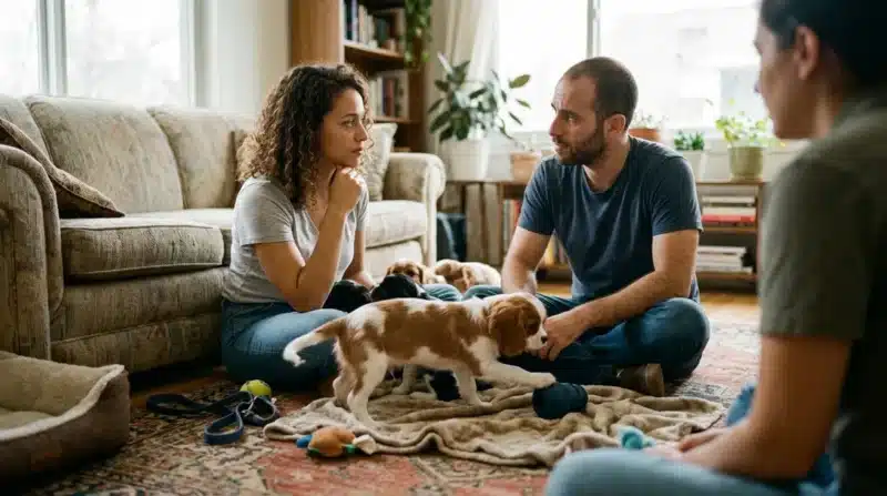 זוג יושב מול כמה גורים ומתלבט בחדר ביתי המדגיש את איך לבחור גור נכון
