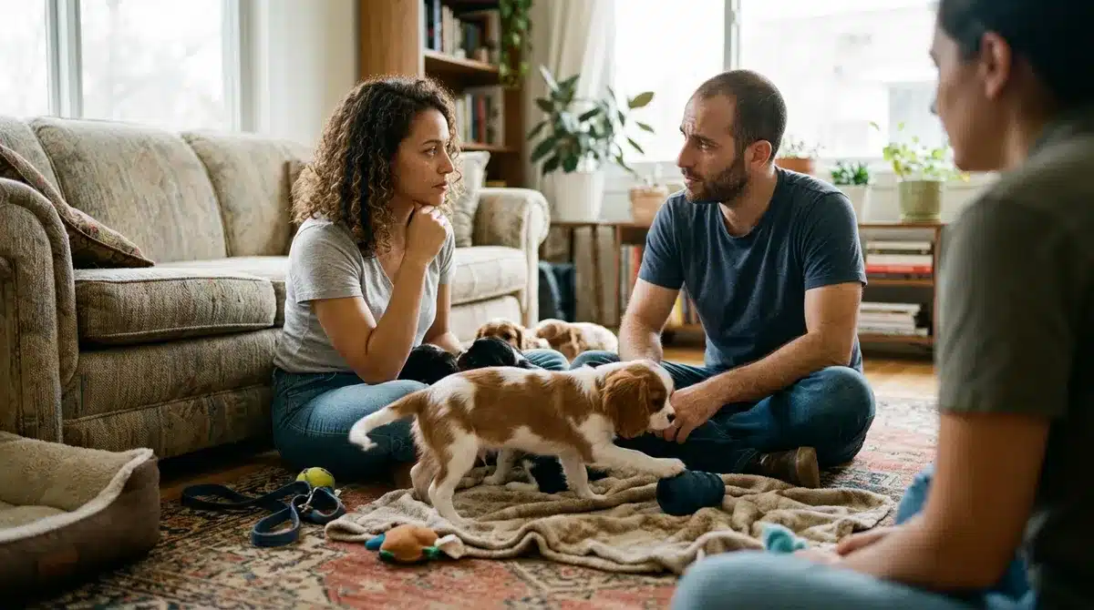 זוג יושב מול כמה גורים ומתלבט בחדר ביתי המדגיש את איך לבחור גור נכון