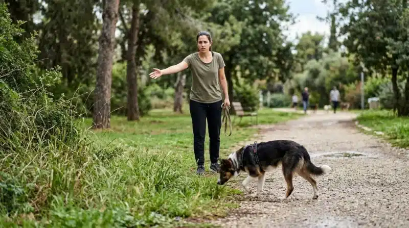 כלב צעיר מתרחק בפארק בזמן שהבעלים קורא לו המדגיש את פקודת אליי לכלב במצב אמיתי