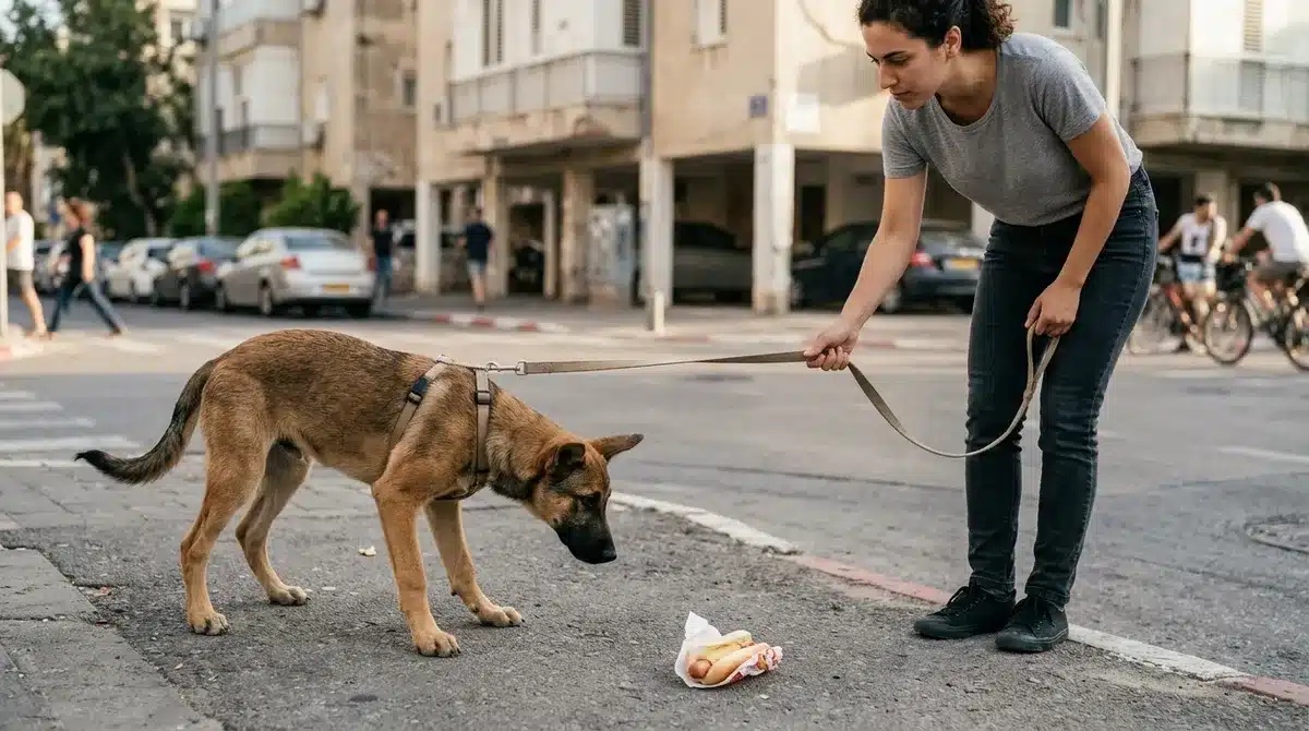כלב צעיר מתמקד בחתיכת אוכל על מדרכה ובעלים עוצר ברצועה כדי להמחיש פקודת עזוב לכלב