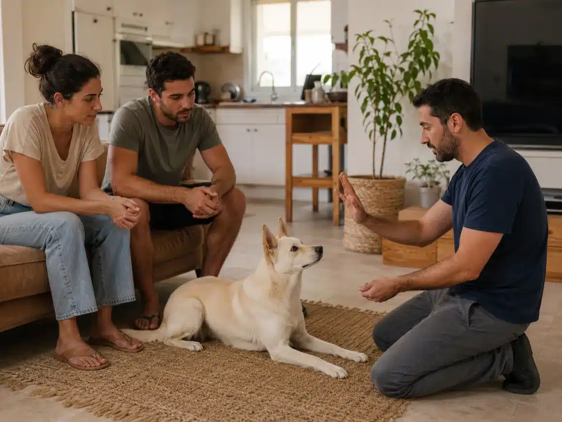 מאלף מסביר לבעלים תרגול רגוע עם כלב בסלון כדי לקדם אילוף כלבים בבית לנביחות